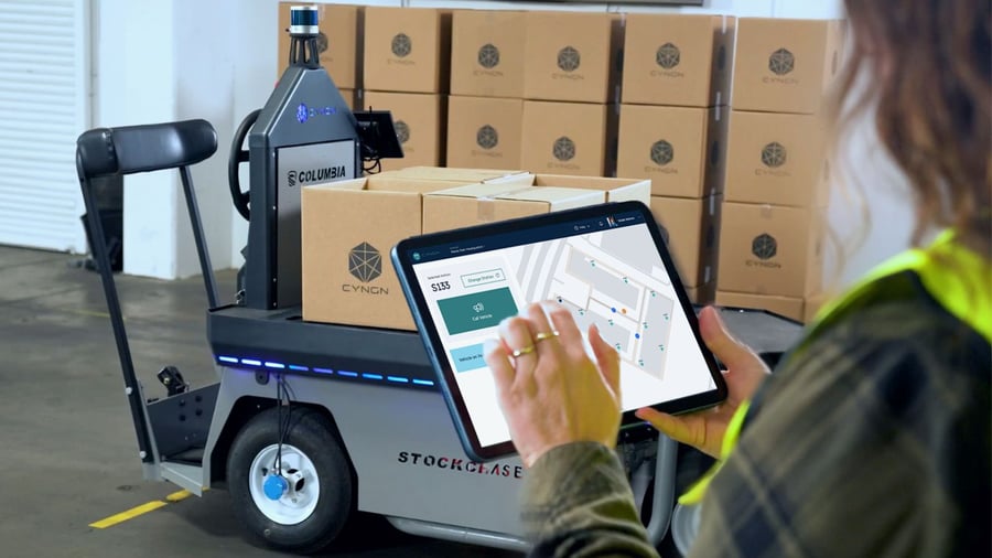 Cyngn's Autonomous Stockchaser deliving materials in the warehouse. 