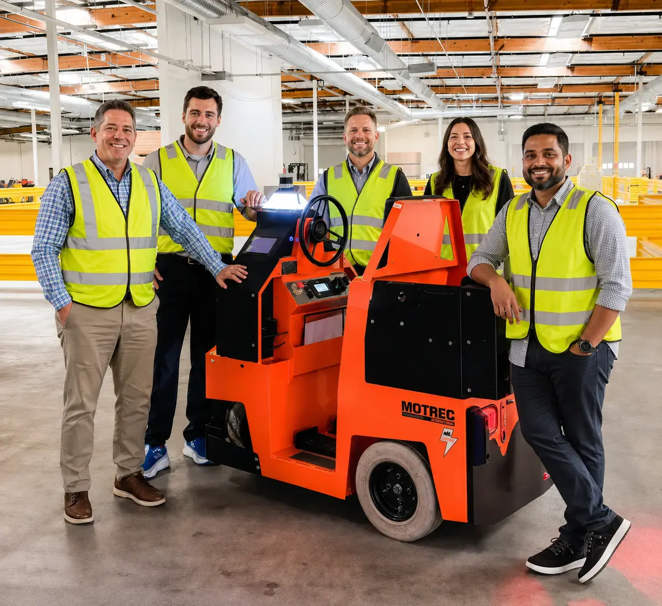The Cyngn deployment team on a plant floor with a DriveMod tugger